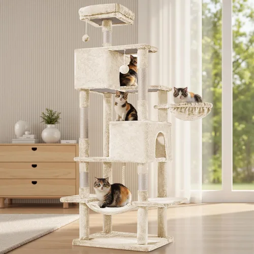 Miniatura 9 de Árbol grande para gatos de 66 pulgadas, torre de árbol para gatos de varios niveles con condominio, perchas, postes rascadores de sisal y hamaca