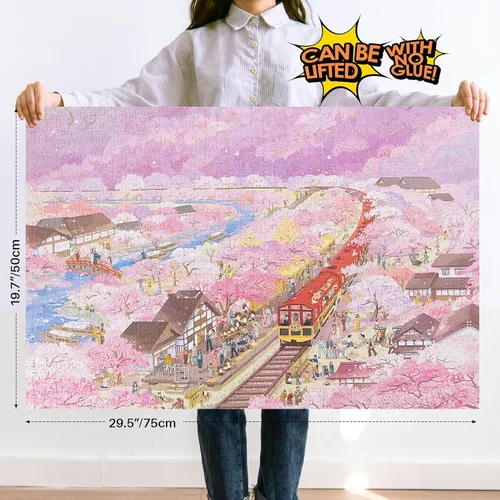 Miniatura 2 de MOMIBOOK Rompecabezas de 1000 piezas para adultos, rompecabezas de Arashiyama Sakura Tour, imagen de pintura, flor de cerezo, difícil, desafiante