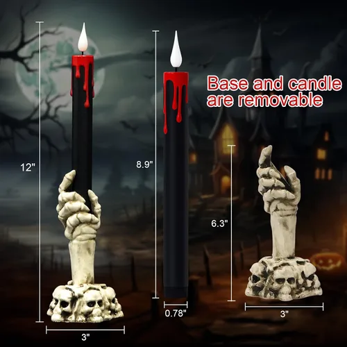 Miniatura 5 de GenSwin Velas cónicas sin llama de Halloween en negro con candelabros de mano de fantasma y temporizador remoto, 2 piezas de velas cónicas operadas