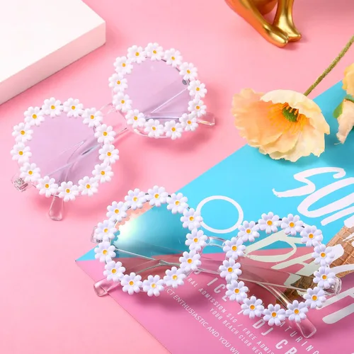 Miniatura 5 de 2 pares de lentes de sol de margarita para mujer, gafas redondas de flores para adultos y niños, decoración con gafas de tela bolsa de franela