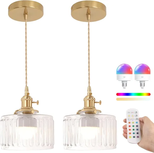 Miniatura 55 de Shenmoyl Lámpara colgante con pantalla de vidrio transparente a rayas, luz colgante vintage de latón, luz colgante ajustable para cocina, isla