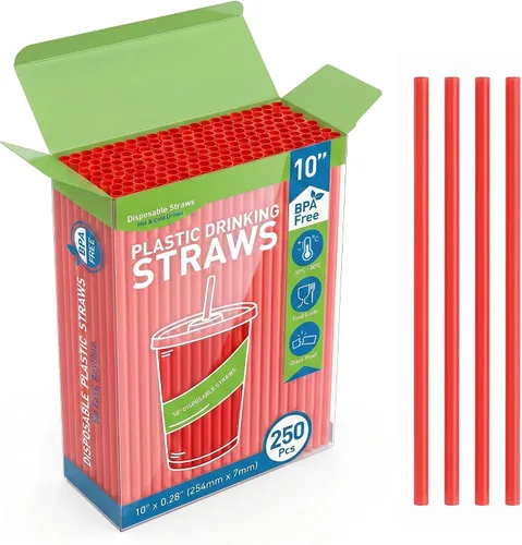 Miniatura 10 de 250 popotes desechables de plástico para beber, 10 x 0.28 pulgadas de largo, pajitas rectas de polipropileno resistentes sin BPA de grado