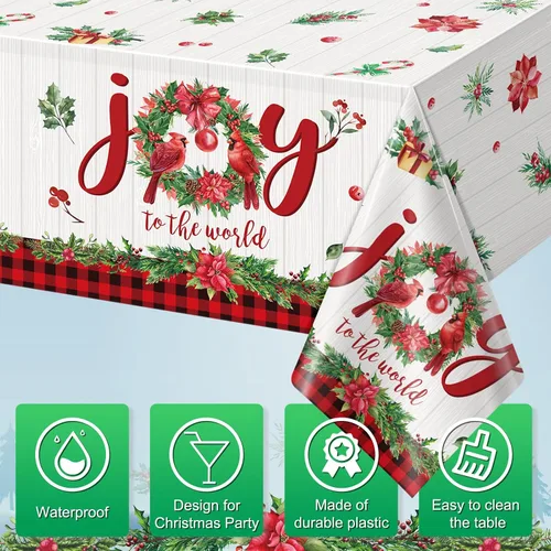 Miniatura 3 de 6 manteles de plástico de Navidad, manteles rectangulares desechables con guirnalda de acebos, manteles de Pascua de alegría al mundo y bayas
