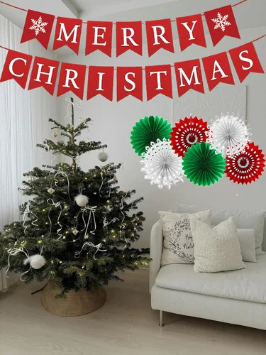 Miniatura 3 de Juego de decoraciones para fiesta de Navidad – Letrero de Feliz Navidad, guirnalda de borlas rojas, verdes y blancas, abanicos de papel y adornos
