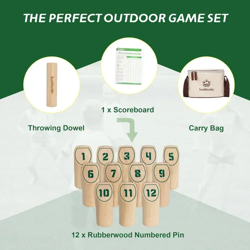Miniatura 6 de SunNordic Wooden Throwing Game Set, Numbered Block Toss Games with 1 x Scoreboard,12 x Premium Rubber Wood Pins & 1 x Dowel, Outdoor Backyard Lawn