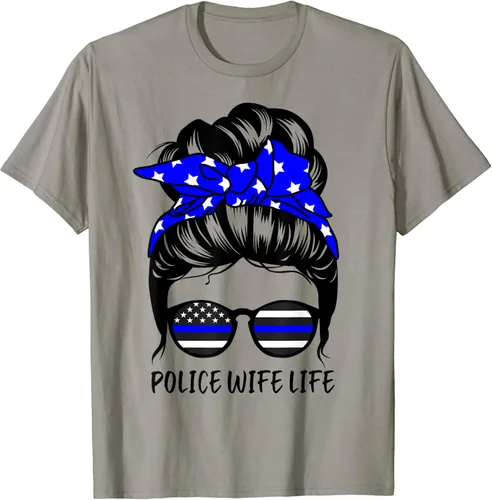 Police Wife Life Messy Bun Hair Funny Police Wife T-Shirt, gris, S