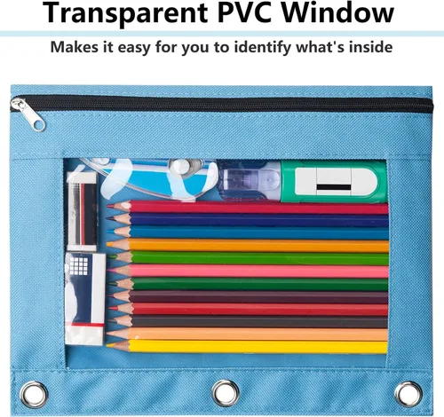 Miniatura 6 de Forvencer Estuche para lápices de 3 anillas, estuche transparente con cremallera suave, bolsa de lápices de gran capacidad con 3 ojales reforzados