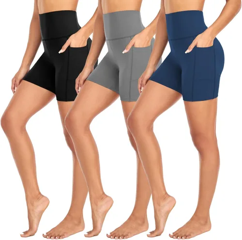 MOREFEEL Paquete de 3 pantalones cortos de ciclista para mujer con bolsillos, control de abdomen de 5 pulgadas, cintura alta, pantalones cortos