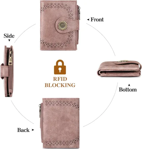 Miniatura 6 de SENDEFN - Carteras pequeñas para mujer, cartera plegable con bloqueo RFID, portatarjetas de cuero, monedero compacto con bolsillo para monedas