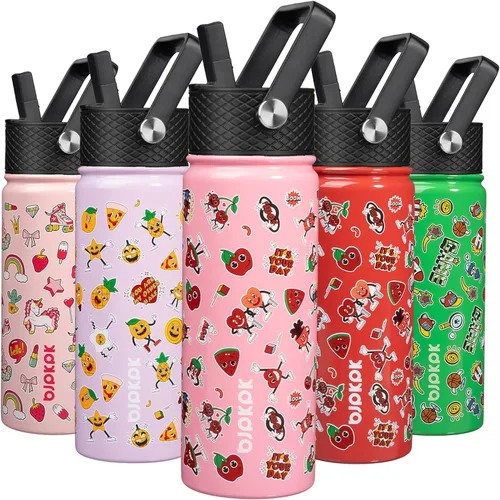 Miniatura 88 de BJPKPK Botella de agua aislada con tapa con pajilla, bonitas botellas de agua de 15 onzas, termo de metal de acero inoxidable, vasos reutilizables