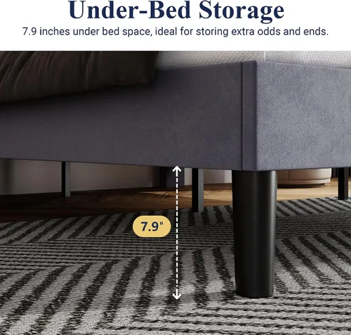 Miniatura 8 de Allewie Base de cama tapizada de terciopelo tamaño King con botón de diamante ajustable y cabecera con ribete de clavos, soporte de listones de Gris