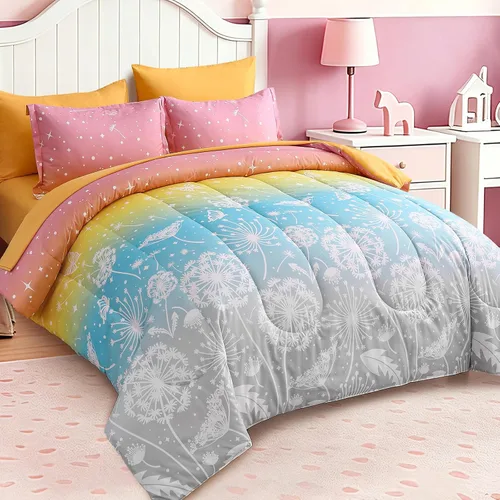 Miniatura 23 de Dinjoy Juego de edredón para niñas, tamaño individual, colorido, azul, rosa, morado, arcoíris, juego de ropa de cama de 6 piezas en una bolsa