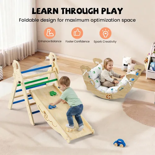 Miniatura 9 de Pikler - Set de Triángulo 10 en 1 Juguetes de Escalada para Niños Pequeños con Cojín – Gimnasio de Escalada Interior Montessori de Madera con Arco