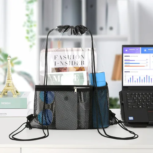 Miniatura 3 de Paquete de 2 bolsas transparentes con cordón aprobadas para estadios, mochila transparente de PVC con cordón, Negro -, Bolso de cordón transparente