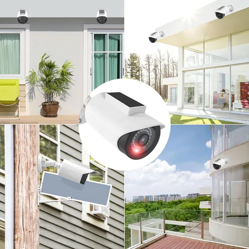 Miniatura 8 de BNT Cámara de seguridad falsa con energía solar, cámara de vigilancia falsa en forma de bala con luz LED roja para noche, calcomanía de advertencia
