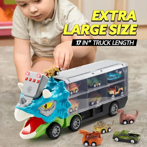 Miniatura 7 de JOYIN Juguetes de Dinosaurio 13 en 1 para Niños de 3-5, Camión de Dinosaurio Triceratops con 12 Autos de Retroceso, Juguetes de Regalos
