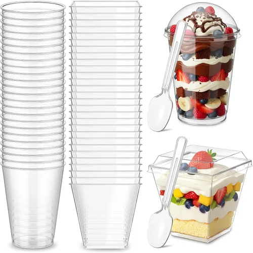 Miniatura 8 de Eaasty 100 juegos de tazas de postre con tapas y cucharas, vasos de plástico para yogur, parfait y aperitivo, recipientes redondos y cuadrados