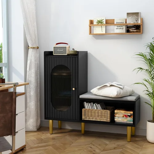 Miniatura 4 de HLR Banco de almacenamiento con puerta y estante de cristal, moderno banco de zapatos de entrada con asiento acolchado, armario de almacenamiento
