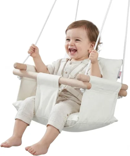 Miniatura 10 de CaTeam Asiento de columpio de lona para bebé con cinturón de seguridad de 5 puntos, columpio colgante de madera para niños pequeños, interior y Gris
