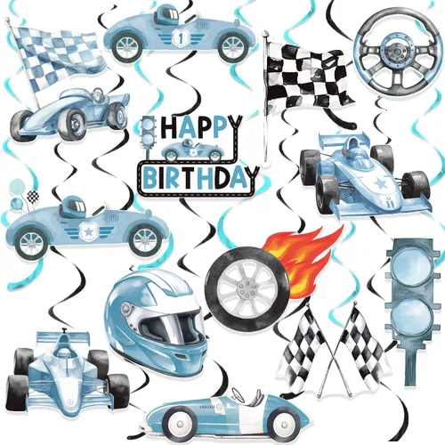 Remolinos colgantes de cumpleaños de coche de carreras, 20 unidades, decoración de fiesta de autos de carreras, banderas a cuadros, serpentinas