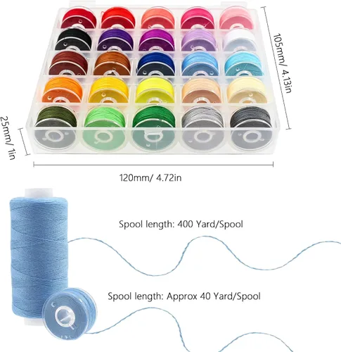 Miniatura 3 de Kit de hilo de coser de 50 piezas, 25 colores, 400 yardas/carrete con bobinas preenrolladas a juego, hilo de poliéster para máquinas de coser