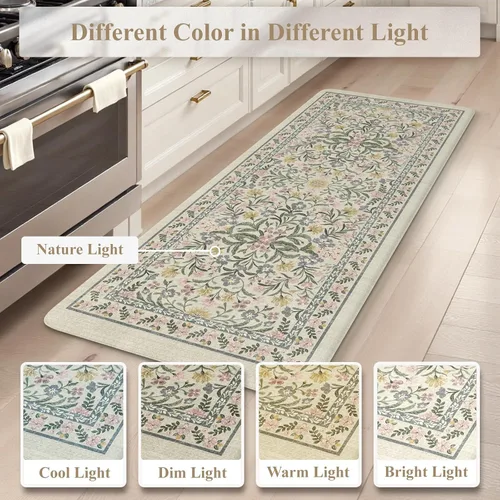 Miniatura 7 de Collive Tapete Anti Fatiga para Piso de Cocina, Tapetes de Cocina con Diseño Floral Primaveral para Piso Juego de 2, Alfombras para Fregadero Beige