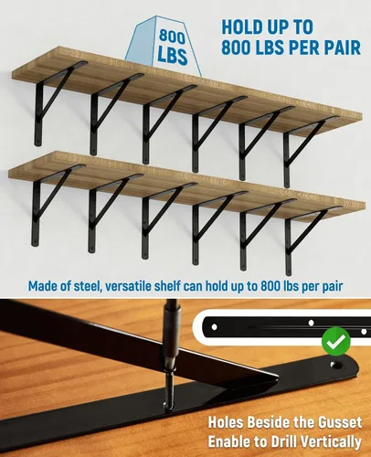 Miniatura 4 de Paquete de 8 soportes de estante resistentes de 14 pulgadas, soporte de pared flotante grande para estantes de almacenamiento de garaje, acabado