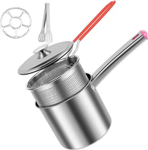 Miniatura 5 de Olla para freír con cesta coladora, olla de acero inoxidable con tapa y asa, mini freidora de aceite de 1.8 litros, freidora portátil, freidora