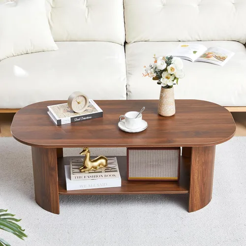 Miniatura 17 de Mesa auxiliar ovalada de 43.3 pulgadas, mesa de centro acanalada con compartimento de almacenamiento oculto, mesa de comedor moderna de mediados