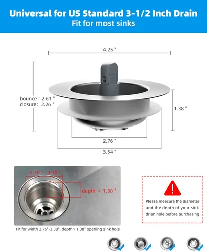 Miniatura 7 de Hibbent - Combo de colador y tapón de drenaje desplegable 3 en 1 para fregadero de cocina, de acero inoxidable, cesta antiobstrucción, con mango