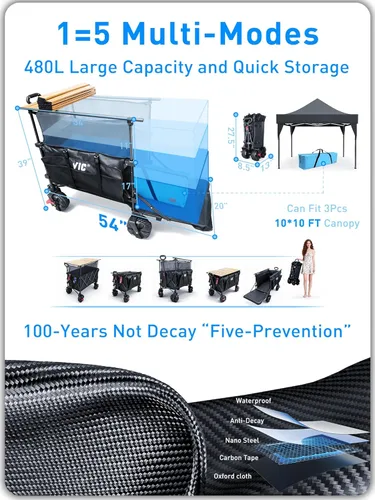 Miniatura 3 de VIC Super Cart & Table 1 = 5 Juego de 680 libras de capacidad mega de 54 pulgadas, carrito plegable extra alto extra largo, carritos plegables