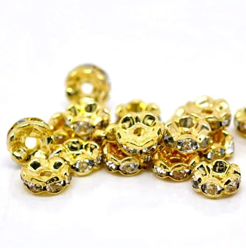 Miniatura 12 de RUBYCA 100 unidades de cuentas espaciadoras redondas estilo Rondelle en tono dorado de 10 mm, cristal checo AB blanco