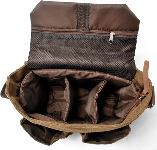 Miniatura 4 de morral de cuero y lona para computadora portátil + morral de lona para cámara Dslr Slr, marrón (2)