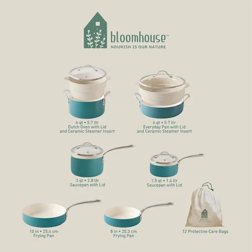 Miniatura 2 de Bloomhouse - Juego de 12 piezas de ollas y sartenes de aluminio con revestimiento antiadherente de cerámica no tóxica, inserto para vaporera de Azul