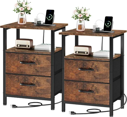 Miniatura 15 de Vagusicc Nightstand with Charging Station, End Table Bedside Table with 2 Fabric Drawers, Black Night Stand with USB Ports & Outlets, 24.2" Tall Bed