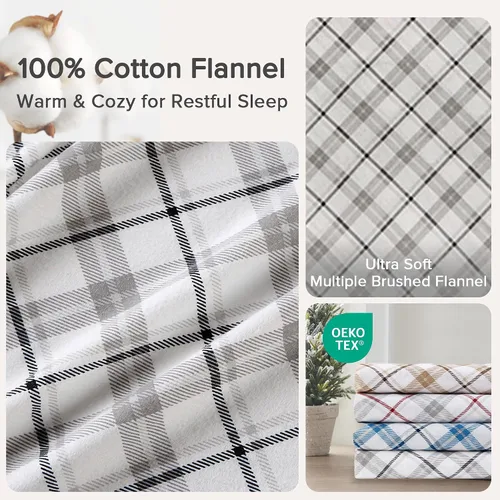 Miniatura 4 de Comfort Spaces - Juego de cama de franela de algodón cálido y transpirable con sábanas de bolsillo profundo y fundas de almohada, tamaño King, gris
