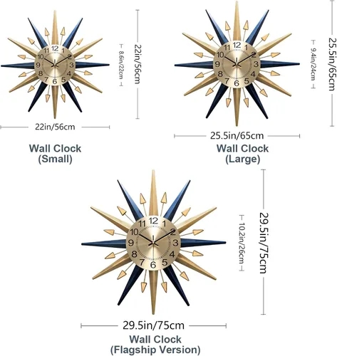 Miniatura 2 de Reloj de pared grande con diseño de estrella, reloj de pared decorativo de mediados de siglo, reloj moderno y silencioso, funciona