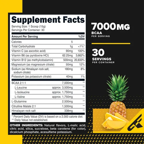 Miniatura 2 de Primaforce BCAA Polvo (piña mango) 30 porciones por envase – 2:1:1 BCAAs, bebida de recuperación después del entrenamiento con aminoácidos y sal