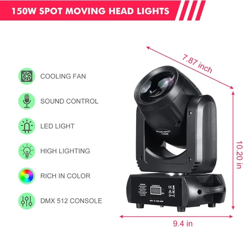 Miniatura 2 de Luz de cabeza móvil de 150 W, luces de escenario, 8 gobos, 8 colores, 12 canales, focos de haz de 18 caras, prisma DMX 512 con activación por sonido