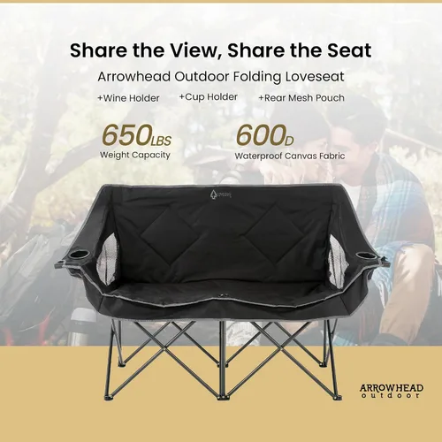 Miniatura 4 de ARROWHEAD OUTDOOR Silla de camping plegable portátil doble Duo con 2 tazas y soporte para copas de vino, bolsa de transporte, soporta hasta 650