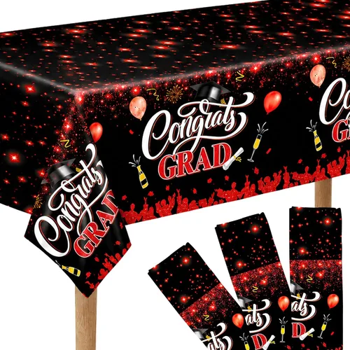 KatchOn Decoraciones de graduación rojas y negras 2026 – XtraLarge 108 x 54 pulgadas, paquete de 3 | Mantel de graduación de felicitaciones |