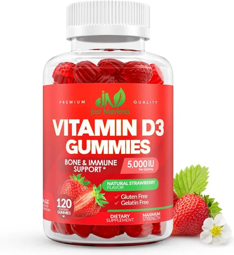Vitamina D3 5000IU / 10,000IU Gomitas para adultos y niños (120 unidades) - Soporte máximo de fuerza para el sistema inmunológico, huesos y dientes
