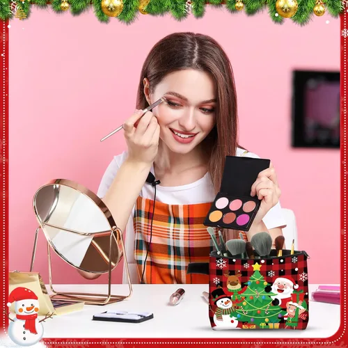 Miniatura 4 de Zonon Juego de 6 bolsas de maquillaje de lona de Navidad, pequeñas bolsas de cosméticos con cremallera portátil, bonita bolsa de estilo cuadros