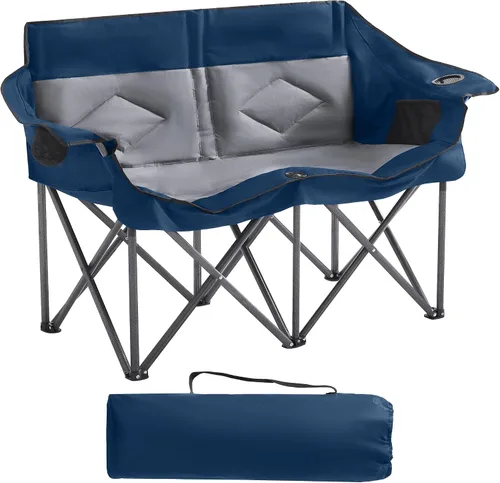 Miniatura 10 de Silla plegable doble de camping para 2 personas, resistente y de gran tamaño, soporta 800 libras con portavasos y bolsillo lateral para campamento
