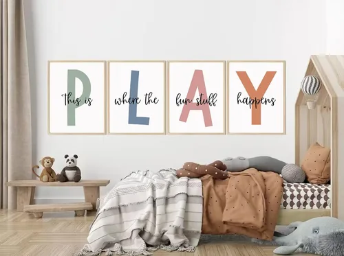 Miniatura 5 de Arte de pared para sala de juegos para niños, decoración de pared para habitación de niños, impresión en lienzo para sala de juegos para bebés