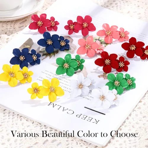Miniatura 4 de 7 pares de aretes bohemios de flor para mujer, aretes de margarita en forma de flor con brote dorado