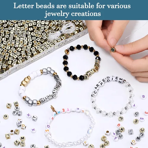Miniatura 3 de 900 cuentas acrílicas doradas de letras del alfabeto, letras coloridas del alfabeto, cuentas de cubo negro para pulseras de la amistad y regalos