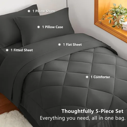 Miniatura 6 de CozyLux Juego edredón individual XL, gris oscuro, toda la ropa de cama en una sola bolsa, 5 piezas: edredón, encimera, bajera y funda almohada