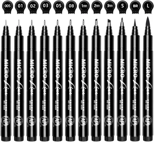 Juego de 12 bolígrafos negros de tinta de punta fina, tinta archival impermeable, para bocetos, letras de pincel, ilustración de artista, dibujo