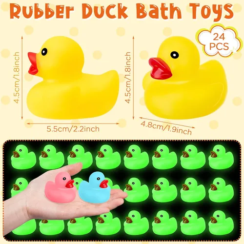 Miniatura 2 de 24 patos de goma que brillan en la oscuridad de 2.2 pulgadas, mini pato de goma fluorescente, juguetes flotantes para tina de bebé, fiestas